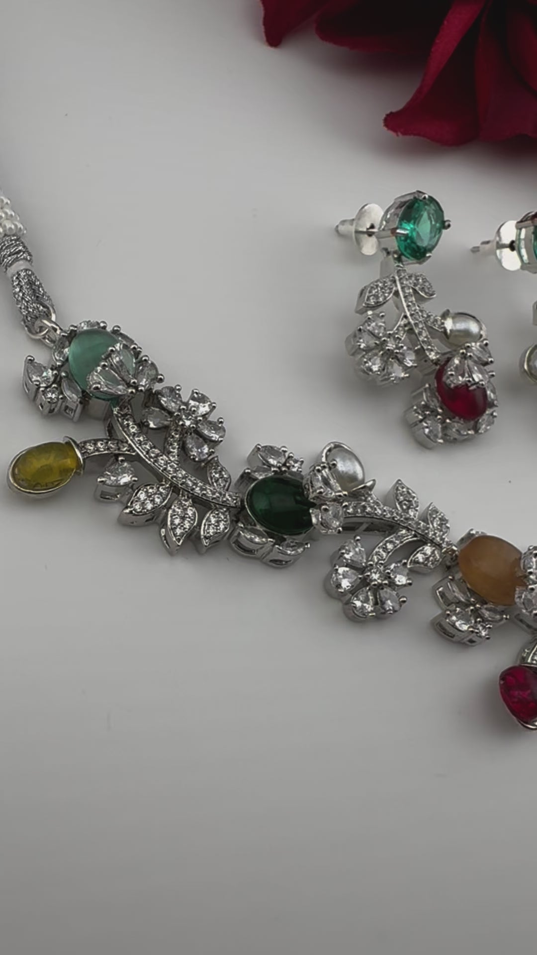 Rama Green Premium American Diamond, Cubic Zirconia, stones and pearls Floral Necklace with earrings